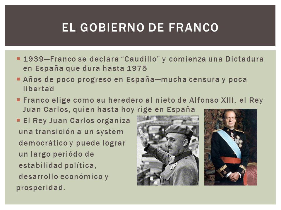El gobierno de franco 1939—Franco se declara Caudillo y comienza una Dictadura en España que dura hasta