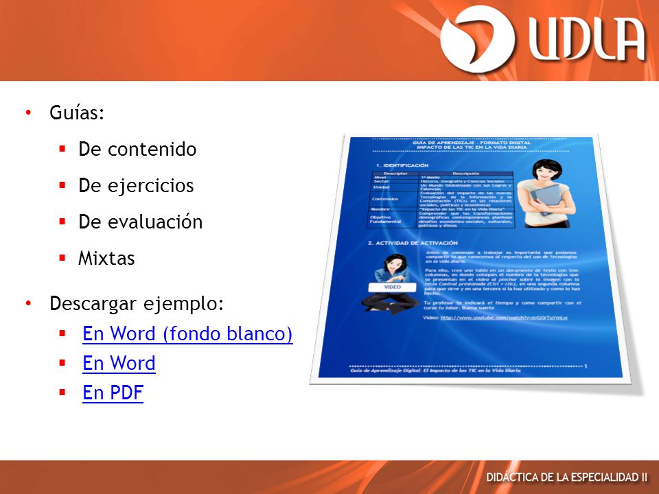 Guías: De contenido. De ejercicios. De evaluación. Mixtas. Descargar ejemplo: En Word (fondo blanco)