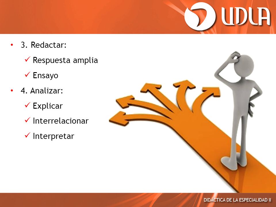 3. Redactar: Respuesta amplia Ensayo 4. Analizar: Explicar Interrelacionar Interpretar