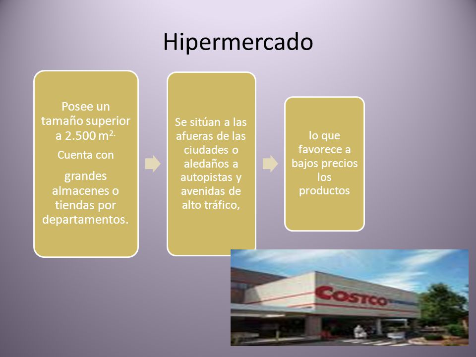 Hipermercado Cuenta con grandes almacenes o tiendas por departamentos.