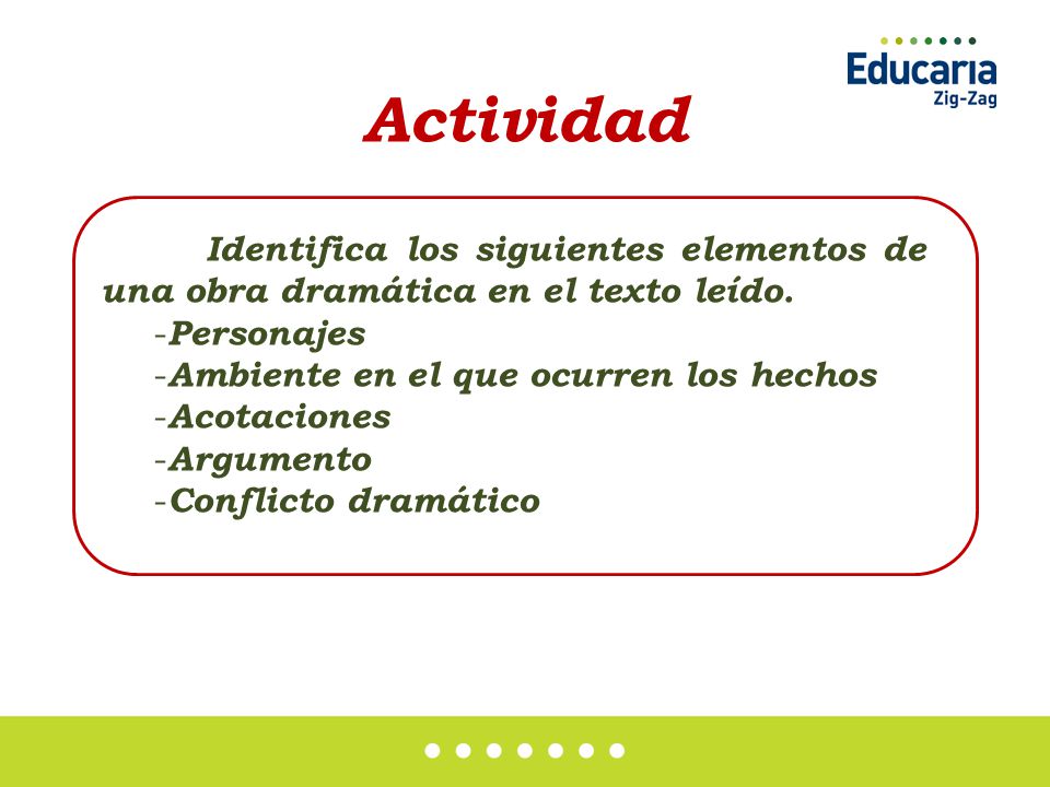 Actividad Identifica los siguientes elementos de una obra dramática en el texto leído. Personajes.