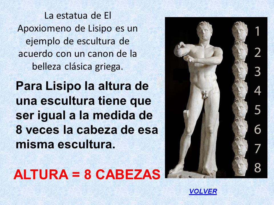 La estatua de El Apoxiomeno de Lisipo es un ejemplo de escultura de acuerdo con un canon de la belleza clásica griega.