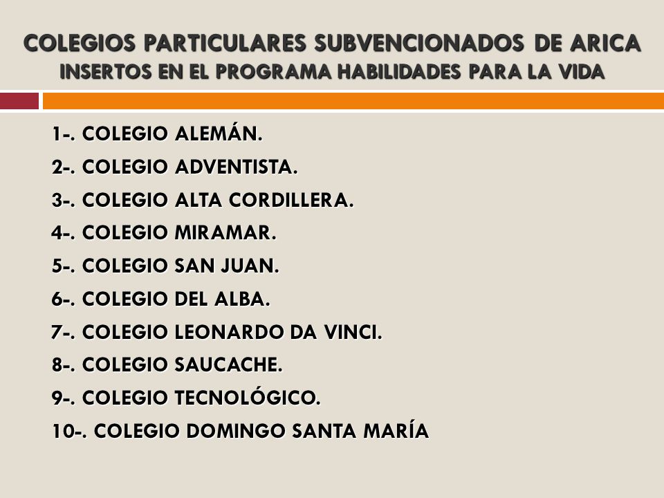 COLEGIOS PARTICULARES SUBVENCIONADOS DE ARICA INSERTOS EN EL PROGRAMA HABILIDADES PARA LA VIDA