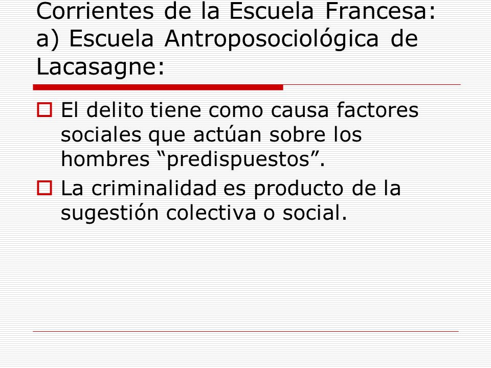 Corrientes de la Escuela Francesa: a) Escuela Antroposociológica de Lacasagne:
