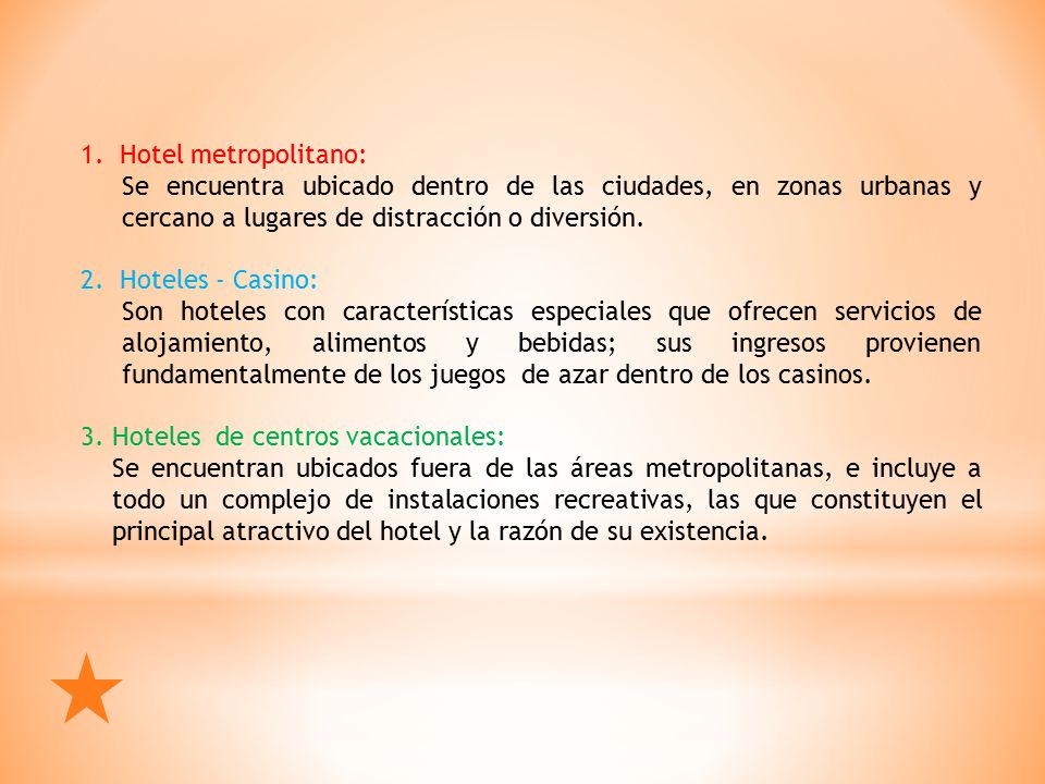 Hotel metropolitano: Se encuentra ubicado dentro de las ciudades, en zonas urbanas y cercano a lugares de distracción o diversión.