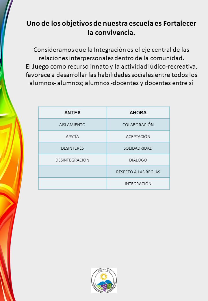 Uno de los objetivos de nuestra escuela es Fortalecer la convivencia.
