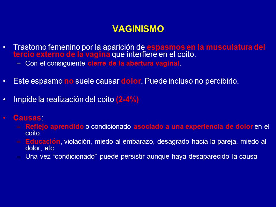 VAGINISMO Trastorno femenino por la aparición de espasmos en la musculatura del tercio externo de la vagina que interfiere en el coito.