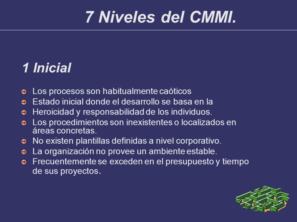 7 Niveles del CMMI. 1 Inicial Los procesos son habitualmente caóticos