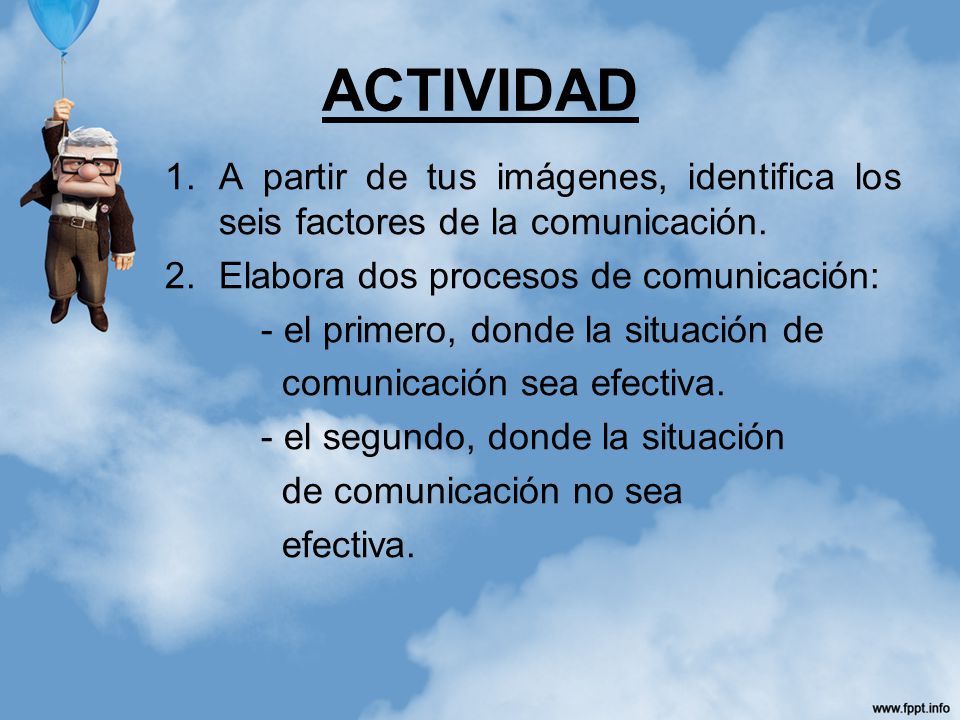 ACTIVIDAD A partir de tus imágenes, identifica los seis factores de la comunicación. Elabora dos procesos de comunicación: