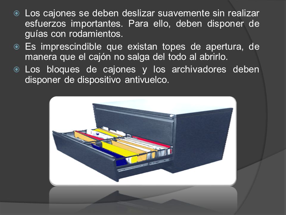 Los cajones se deben deslizar suavemente sin realizar esfuerzos importantes. Para ello, deben disponer de guías con rodamientos.