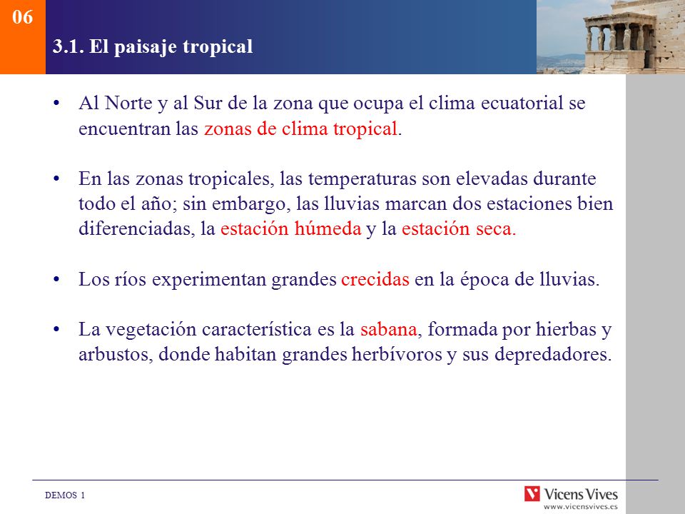 El paisaje tropical. Al Norte y al Sur de la zona que ocupa el clima ecuatorial se encuentran las zonas de clima tropical.