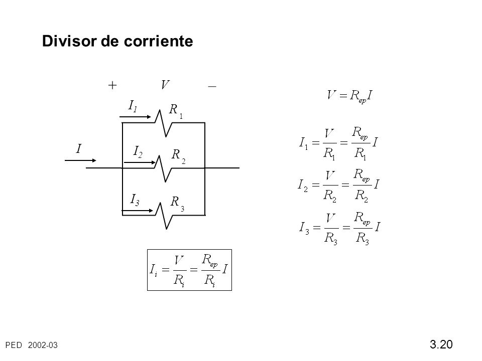 Divisor de corriente + V – I1 R 1 I I2 R 2 I3 R 3