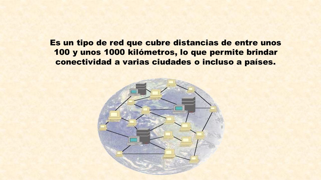 Es un tipo de red que cubre distancias de entre unos 100 y unos 1000 kilómetros, lo que permite brindar conectividad a varias ciudades o incluso a países.