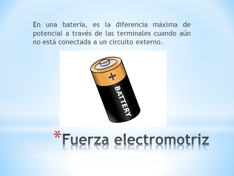 En una batería, es la diferencia máxima de potencial a través de las terminales cuando aún no está conectada a un circuito externo.