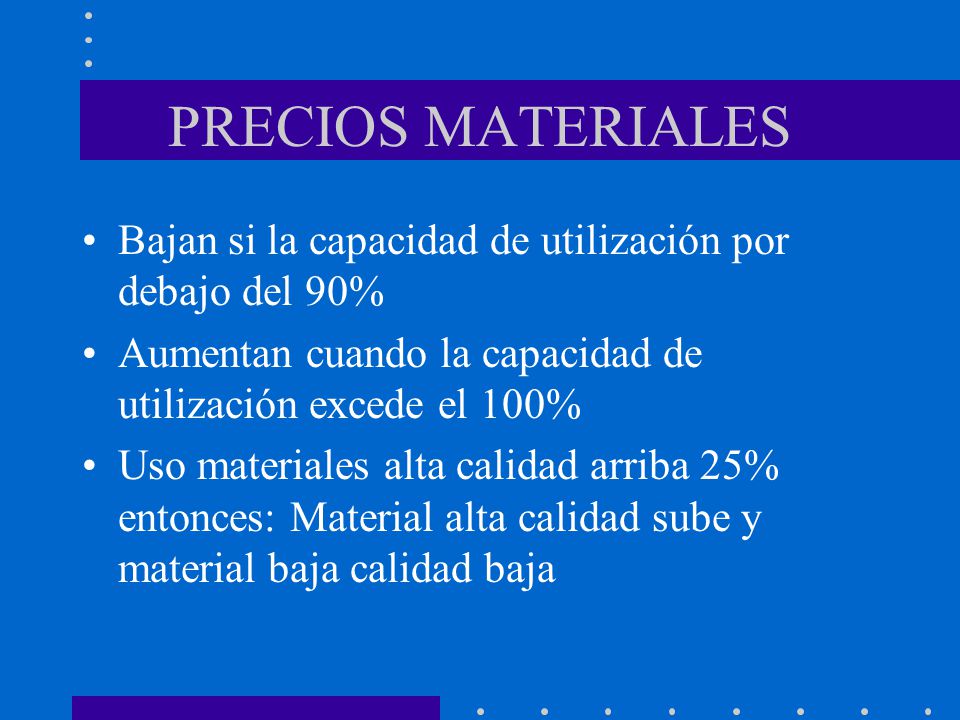 PRECIOS MATERIALES Bajan si la capacidad de utilización por debajo del 90% Aumentan cuando la capacidad de utilización excede el 100%