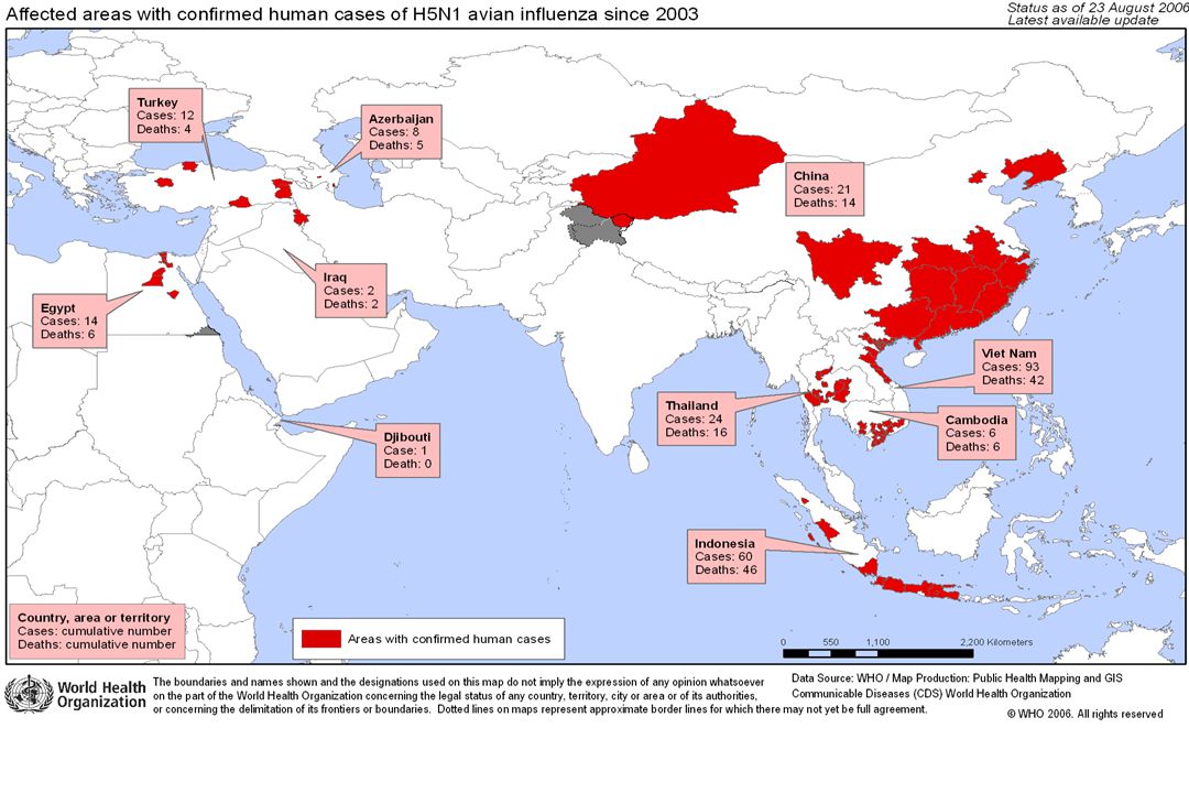 Areas reportando casos humanos Dec 2003 – 1Aug 2006