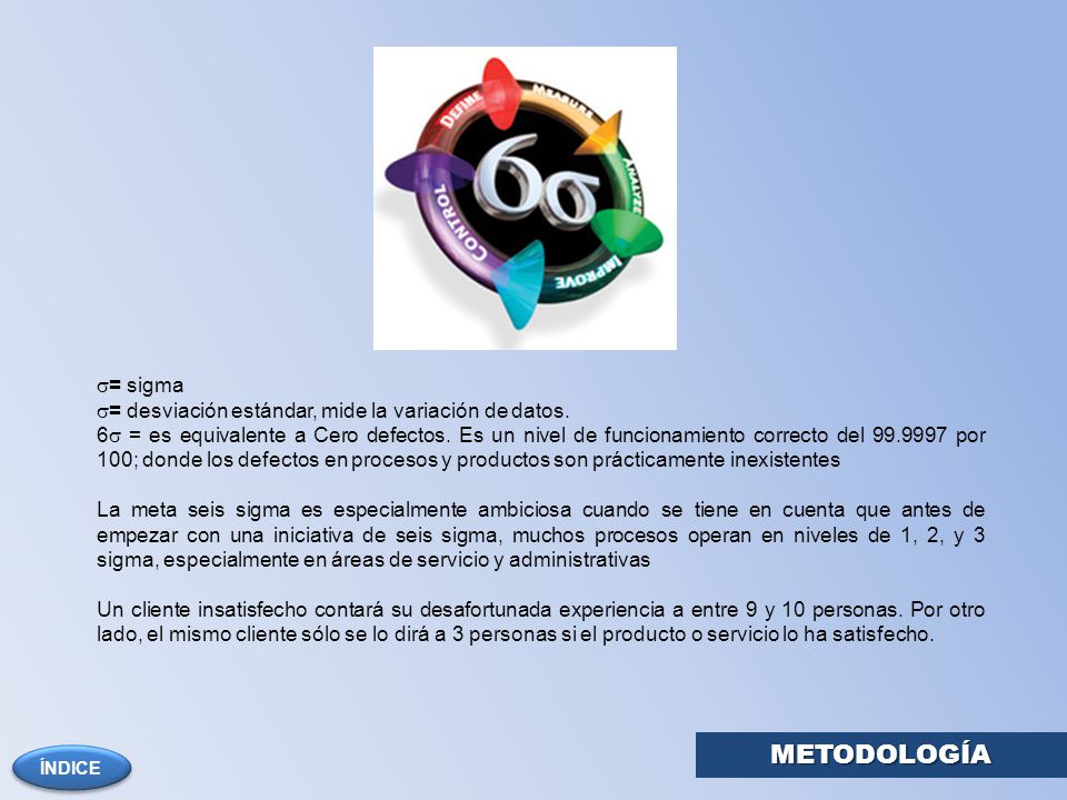 METODOLOGÍA = sigma = desviación estándar, mide la variación de datos.