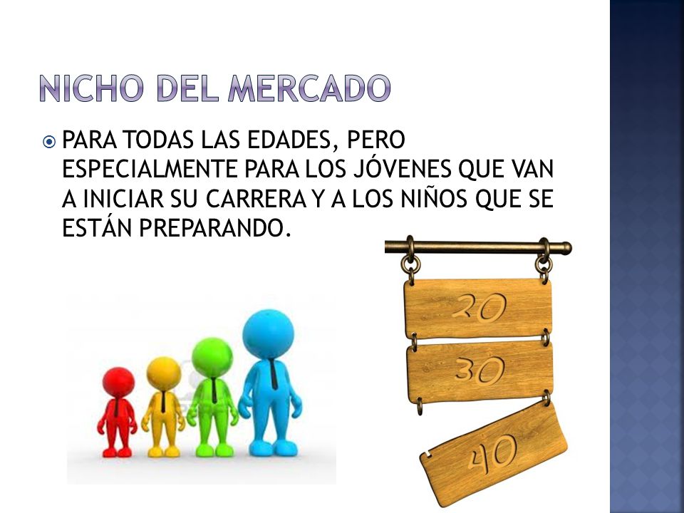 NICHO DEL MERCADO PARA TODAS LAS EDADES, PERO ESPECIALMENTE PARA LOS JÓVENES QUE VAN A INICIAR SU CARRERA Y A LOS NIÑOS QUE SE ESTÁN PREPARANDO.