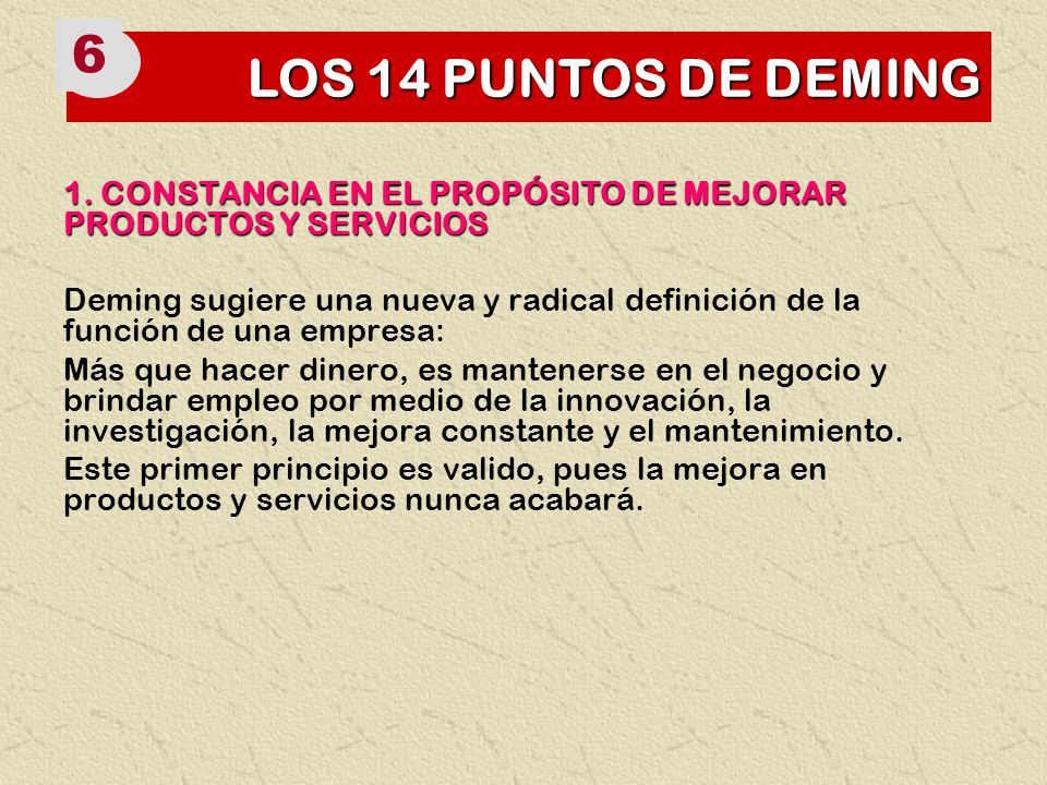LOS 14 PUNTOS DE DEMING CONSTANCIA EN EL PROPÓSITO DE MEJORAR PRODUCTOS Y SERVICIOS.