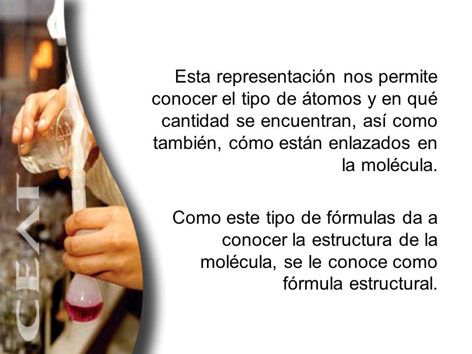 Esta representación nos permite conocer el tipo de átomos y en qué cantidad se encuentran, así como también, cómo están enlazados en la molécula.