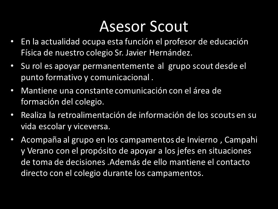 AAsesor Scout En la actualidad ocupa esta función el profesor de educación Física de nuestro colegio Sr. Javier Hernández.