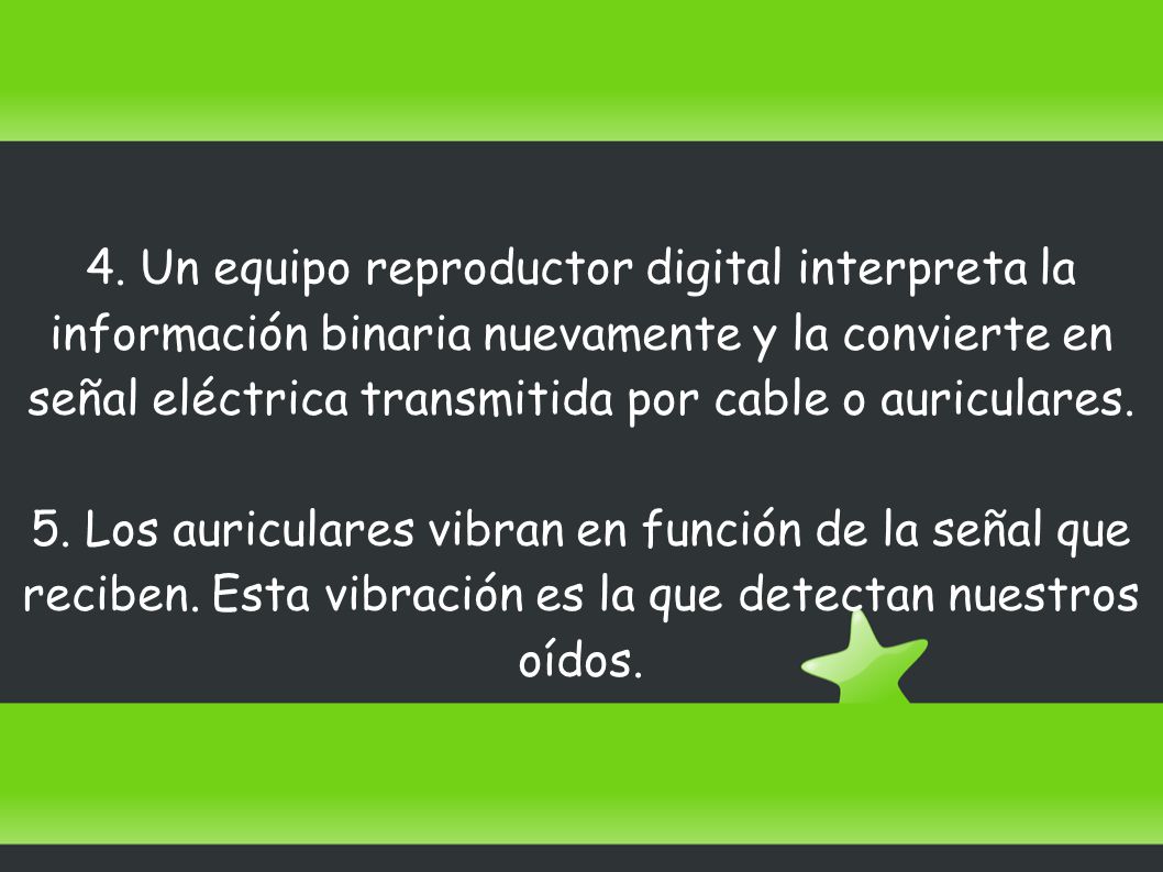 4. Un equipo reproductor digital interpreta la información binaria nuevamente y la convierte en señal eléctrica transmitida por cable o auriculares.