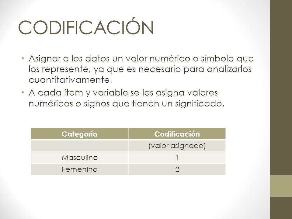 CODIFICACIÓN Asignar a los datos un valor numérico o símbolo que los represente, ya que es necesario para analizarlos cuantitativamente.