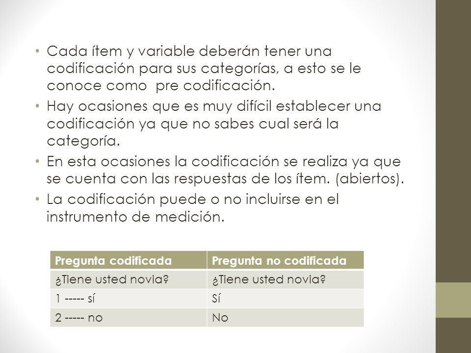 La codificación puede o no incluirse en el instrumento de medición.