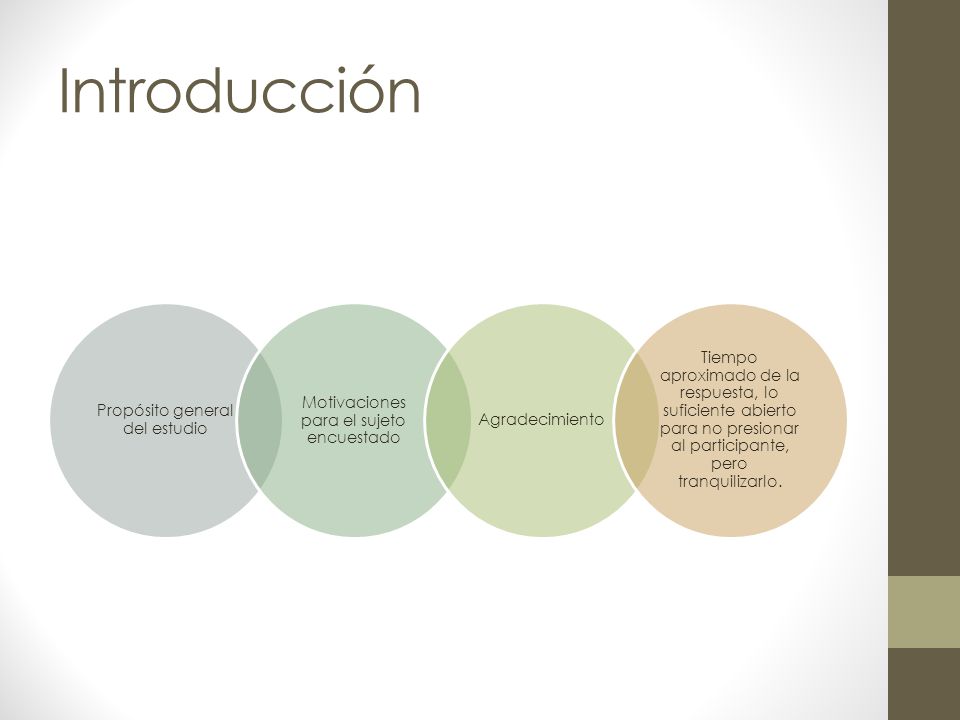 Introducción Propósito general del estudio. Motivaciones para el sujeto encuestado. Agradecimiento.