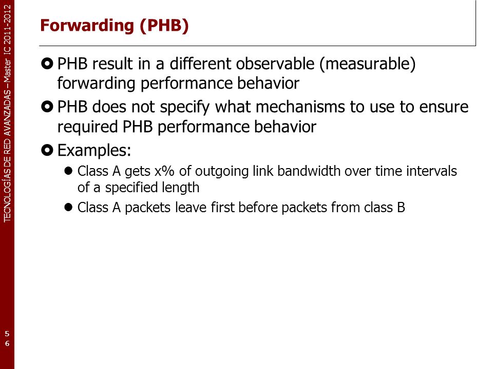 Forwarding (PHB) PHB result in a different observable (measurable) forwarding performance behavior.