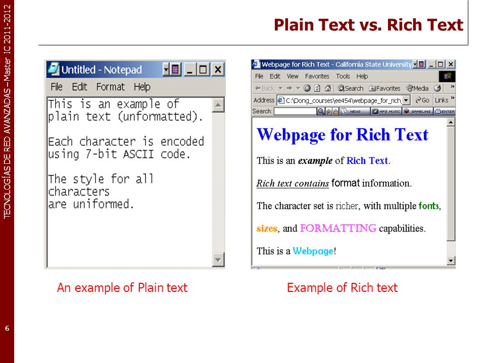 Plain Text vs. Rich Text An example of Plain text Example of Rich text