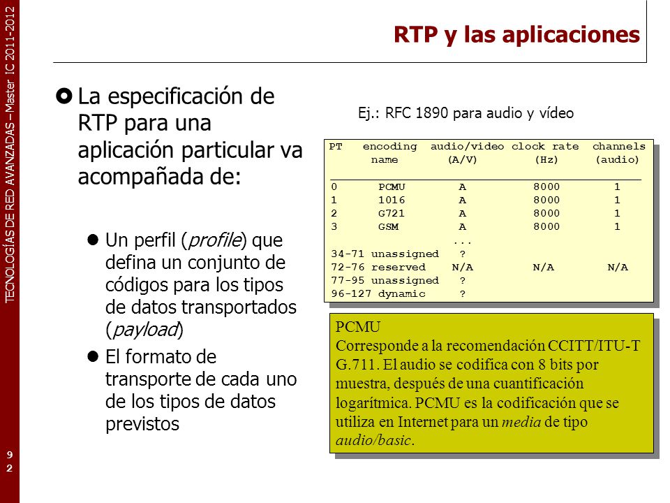 RTP y las aplicaciones La especificación de RTP para una aplicación particular va acompañada de: