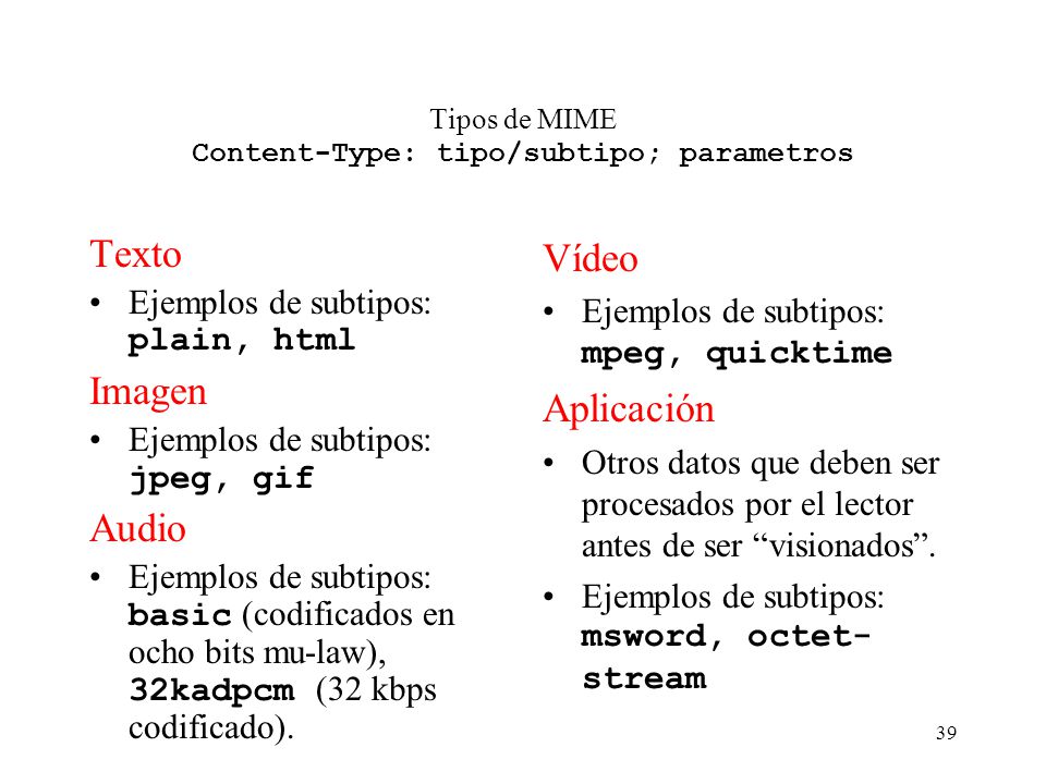 Tipos de MIME Content-Type: tipo/subtipo; parametros