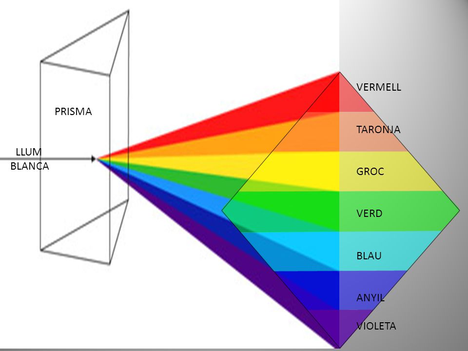 VERMELL TARONJA GROC VERD BLAU ANYIL VIOLETA PRISMA LLUM BLANCA
