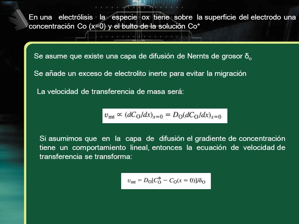 En una electrólisis la especie ox tiene sobre la superficie del electrodo una concentración Co (x=0) y el bulto de la solución Co*