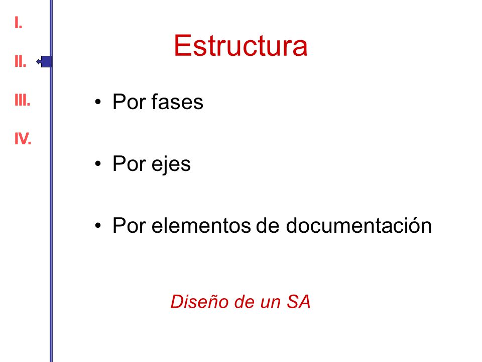 Estructura Por fases Por ejes Por elementos de documentación
