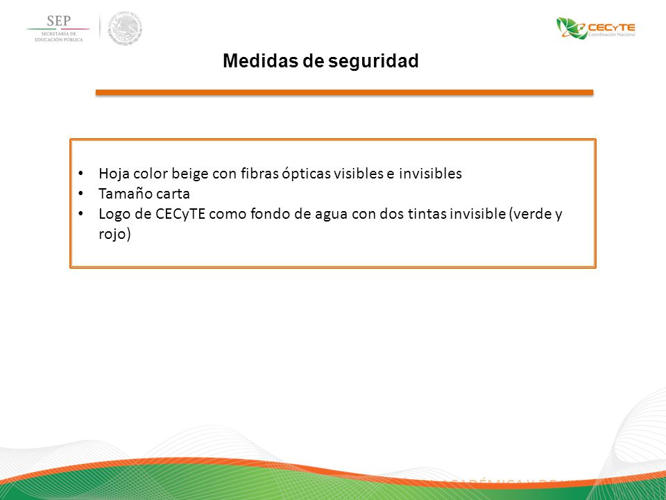 Medidas de seguridad Hoja color beige con fibras ópticas visibles e invisibles. Tamaño carta.