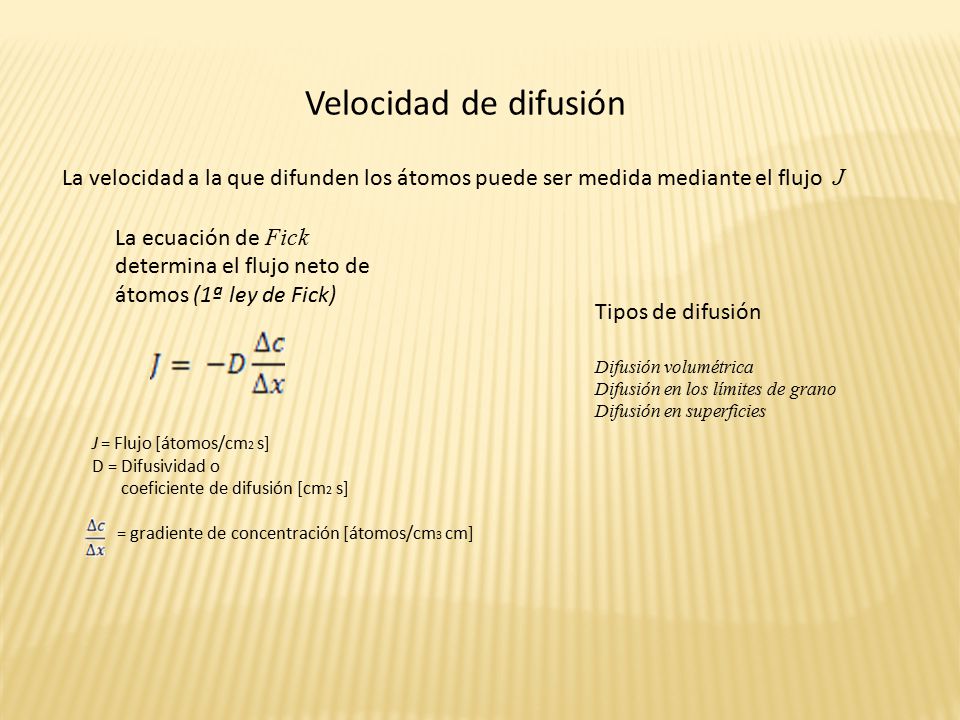 Velocidad de difusión La velocidad a la que difunden los átomos puede ser medida mediante el flujo J.