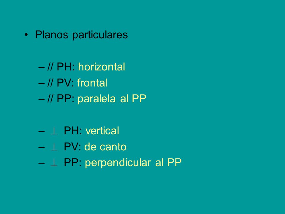 Planos particulares // PH: horizontal. // PV: frontal. // PP: paralela al PP. ^ PH: vertical. ^ PV: de canto.