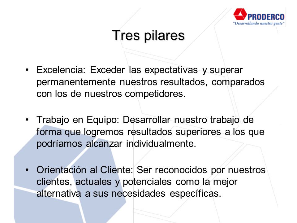 Tres pilares Excelencia: Exceder las expectativas y superar permanentemente nuestros resultados, comparados con los de nuestros competidores.