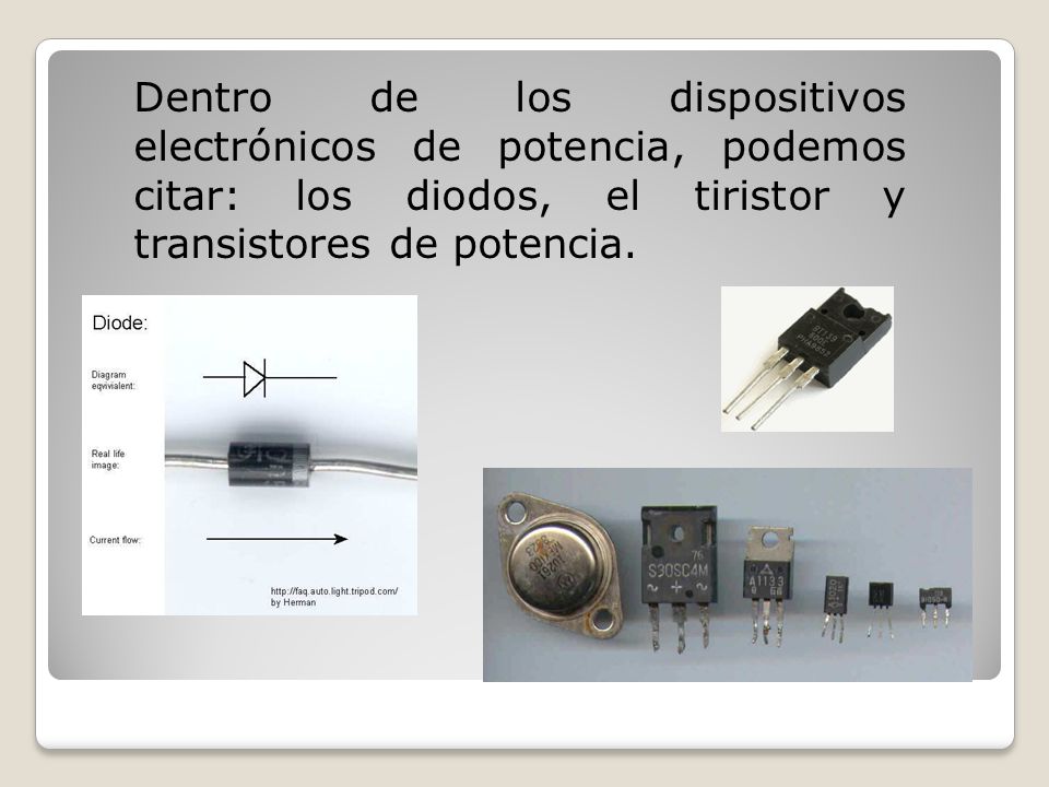 Dentro de los dispositivos electrónicos de potencia, podemos citar: los diodos, el tiristor y transistores de potencia.