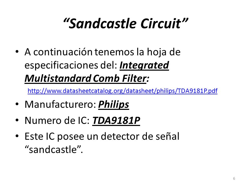 Sandcastle Circuit A continuación tenemos la hoja de especificaciones del: Integrated Multistandard Comb Filter: