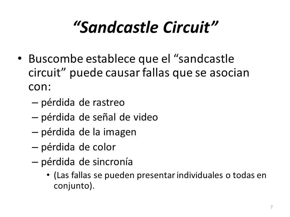 Sandcastle Circuit Buscombe establece que el sandcastle circuit puede causar fallas que se asocian con: