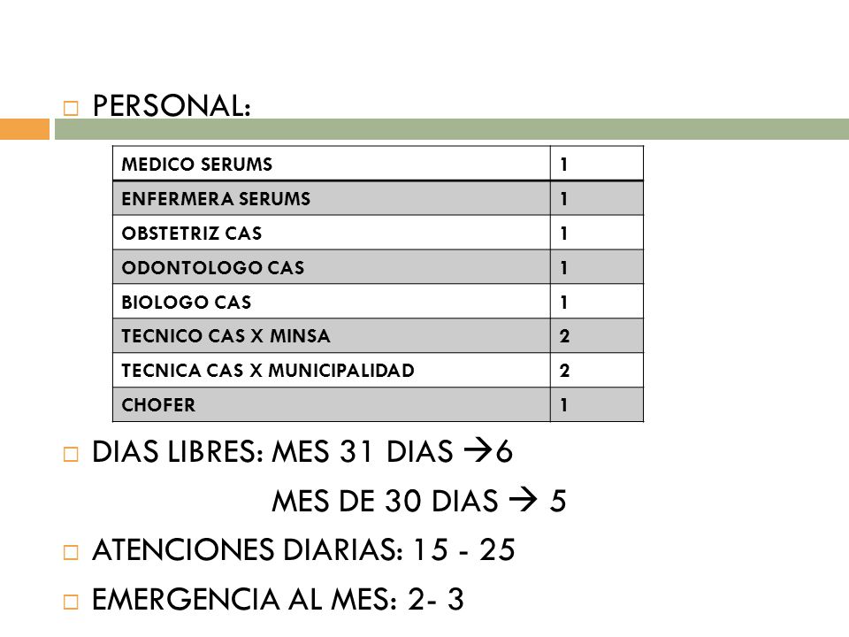 PERSONAL: DIAS LIBRES: MES 31 DIAS 6 MES DE 30 DIAS  5