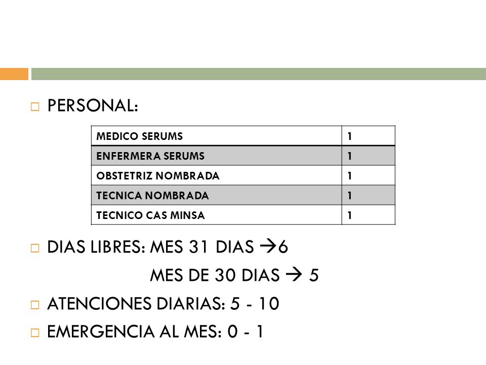 PERSONAL: DIAS LIBRES: MES 31 DIAS 6 MES DE 30 DIAS  5