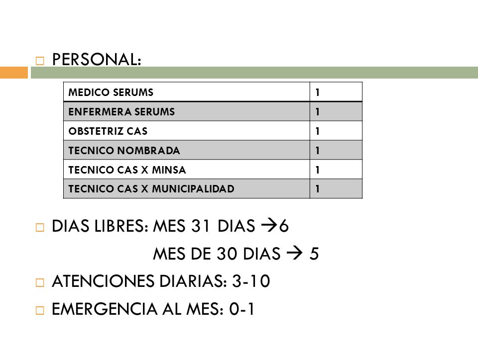 PERSONAL: DIAS LIBRES: MES 31 DIAS 6 MES DE 30 DIAS  5