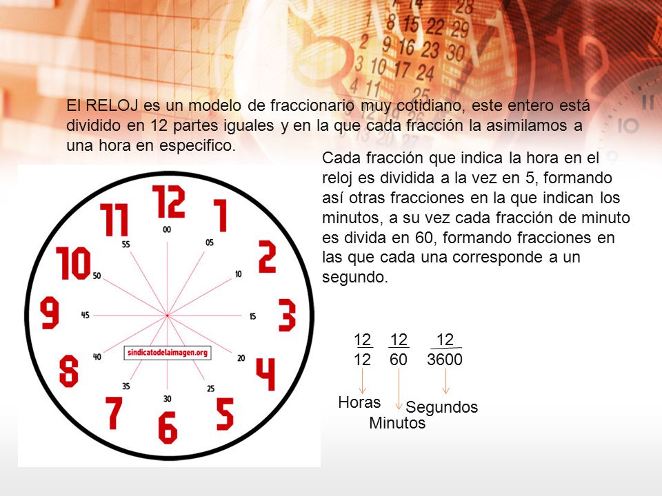 El RELOJ es un modelo de fraccionario muy cotidiano, este entero está dividido en 12 partes iguales y en la que cada fracción la asimilamos a una hora en especifico.