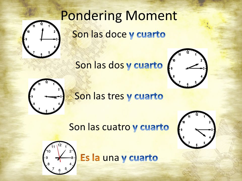 Pondering Moment Son las doce y cuarto Son las dos y cuarto Son las tres y cuarto Son las cuatro y cuarto Es la una y cuarto