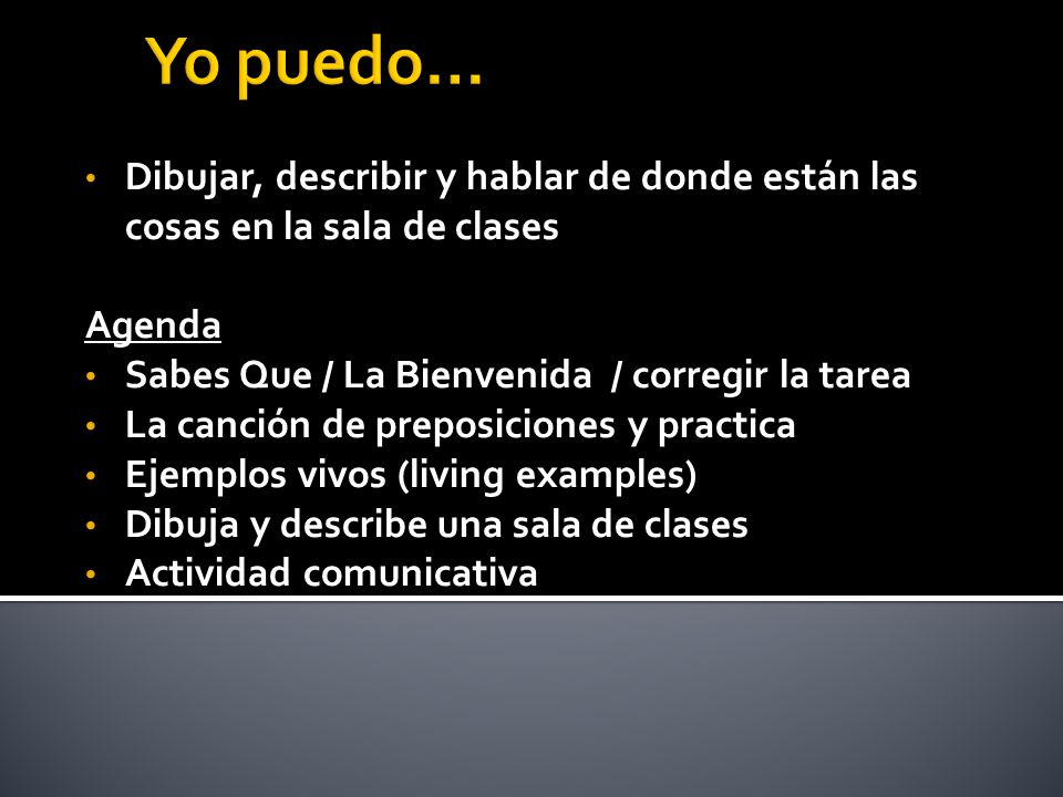 Yo puedo… Dibujar, describir y hablar de donde están las cosas en la sala de clases. Agenda. Sabes Que / La Bienvenida / corregir la tarea.