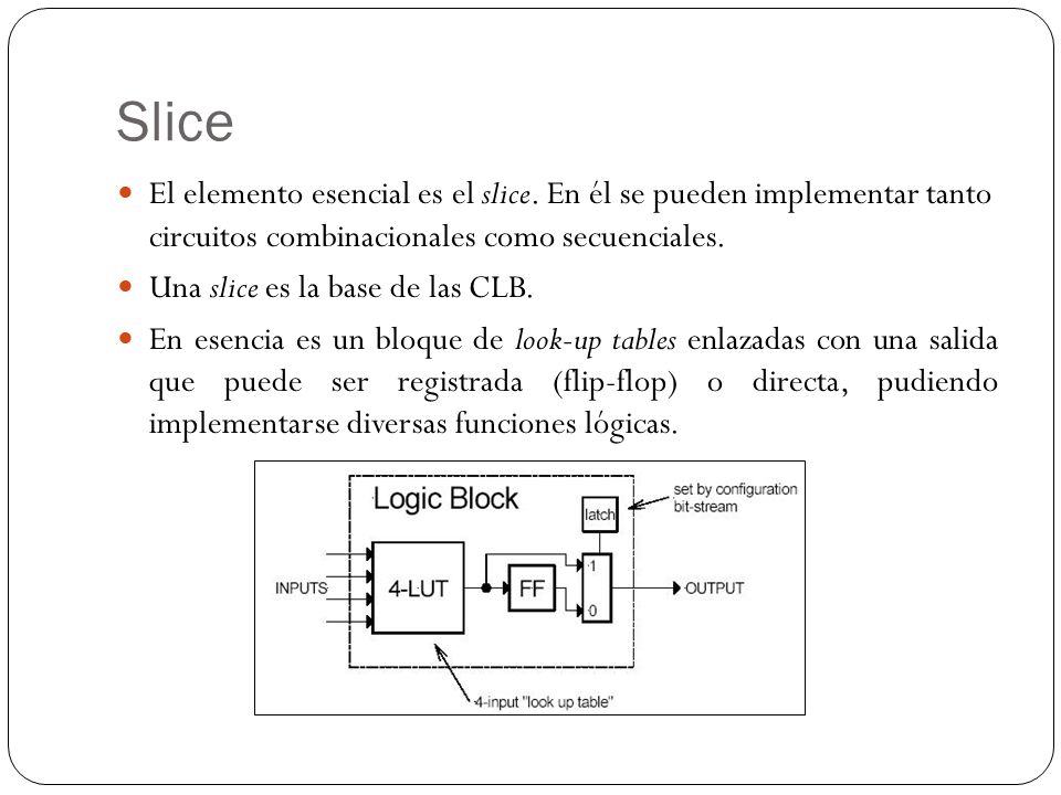 Slice El elemento esencial es el slice. En él se pueden implementar tanto circuitos combinacionales como secuenciales.